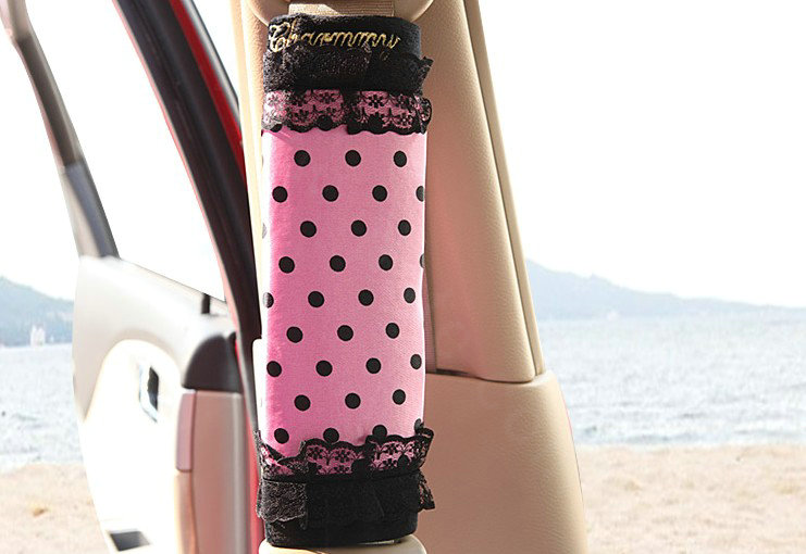 Classic Lace Polka Dot Synthetic Fiber Automotive Seat Safety Belt Covers Car Decoration 2pcs - Pink