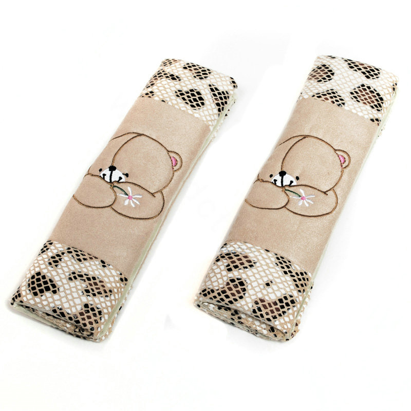 Cute Bear Velvet Leopard Print Automotive Seat Safety Belt Covers Car Decoration 2pcs - Beige