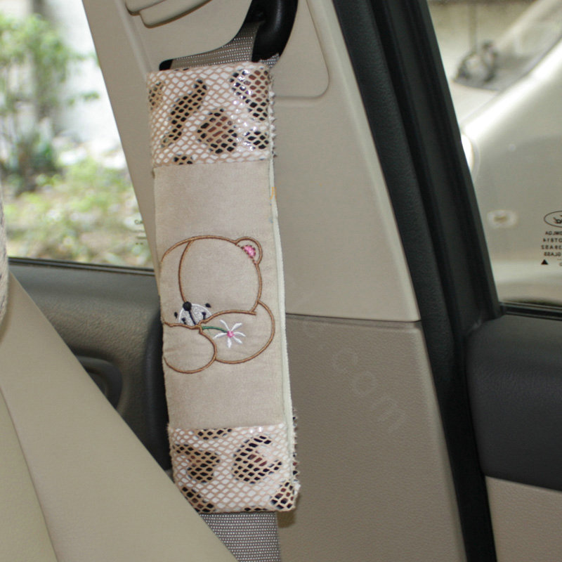 Cute Bear Velvet Leopard Print Automotive Seat Safety Belt Covers Car Decoration 2pcs - Beige