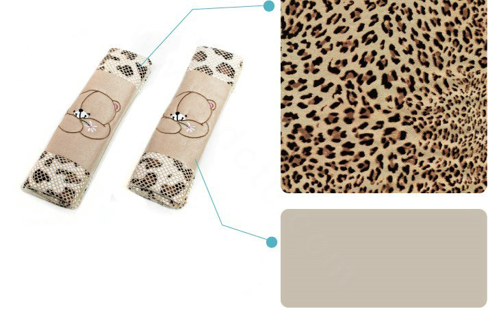Cute Bear Velvet Leopard Print Automotive Seat Safety Belt Covers Car Decoration 2pcs - Beige