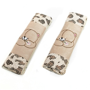 Cute Bear Velvet Leopard Print Automotive Seat Safety Belt Covers Car Decoration 2pcs - Beige