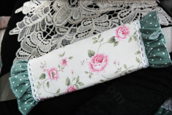 Elegant Cloth Cotton Floral Print Lace Auto Seat Safety Belt Covers Car Decoration 2pcs - Green