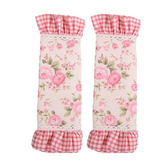 Elegant Cloth Cotton Floral Print Lace Auto Seat Safety Belt Covers Car Decoration 2pcs - Pink
