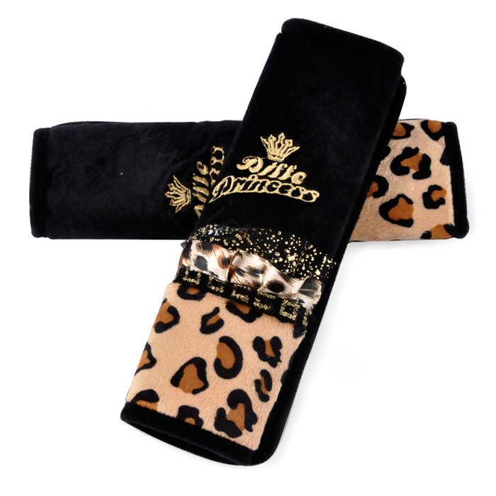 Funky Lace Velvet Leopard Print Automotive Seat Safety Belt Covers Car Decoration 2pcs - Black