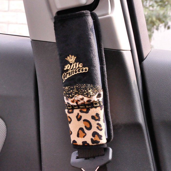 Funky Lace Velvet Leopard Print Automotive Seat Safety Belt Covers Car Decoration 2pcs - Black