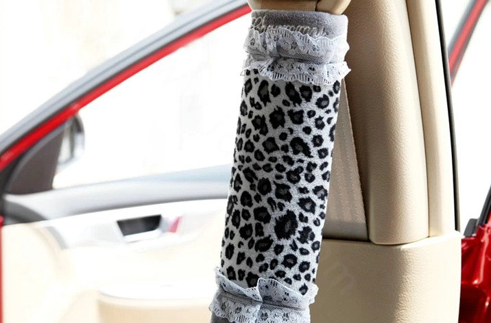 Funky Lace Velvet Leopard Print Automotive Seat Safety Belt Covers Car Decoration 2pcs - Grey