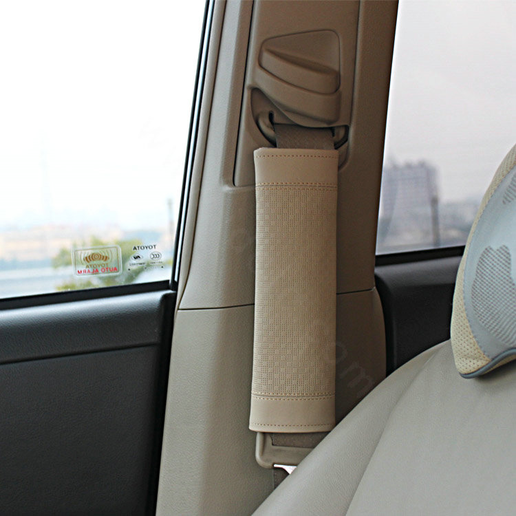 High Quality Real Genuine Leather Automobile Seat Safety Belt Covers Car Decoration 2pcs - Beige
