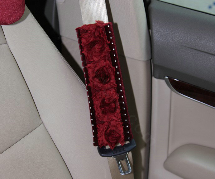 Luxury Flower Print Bud Silk Velvet Automotive Seat Safety Belt Covers Car Decoration 2pcs - Rose
