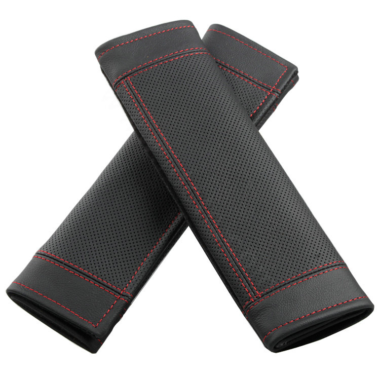 Luxury Real Genuine Leather Automobile Seat Safety Belt Covers Car Decoration 2pcs - Black