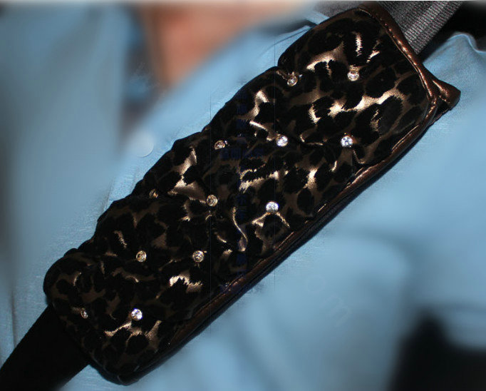 Luxury Swarovskii Leopard Print PU Leather Automobile Seat Safety Belt Covers Car Decoration 2pcs - Gold