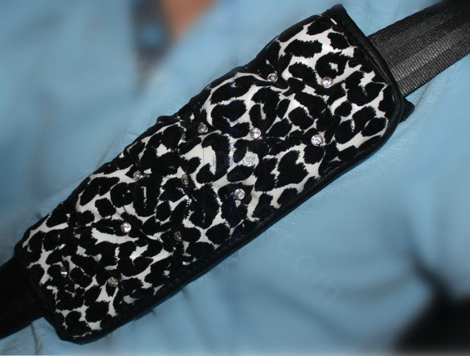 Luxury Swarovskii Leopard Print PU Leather Automobile Seat Safety Belt Covers Car Decoration 2pcs - White