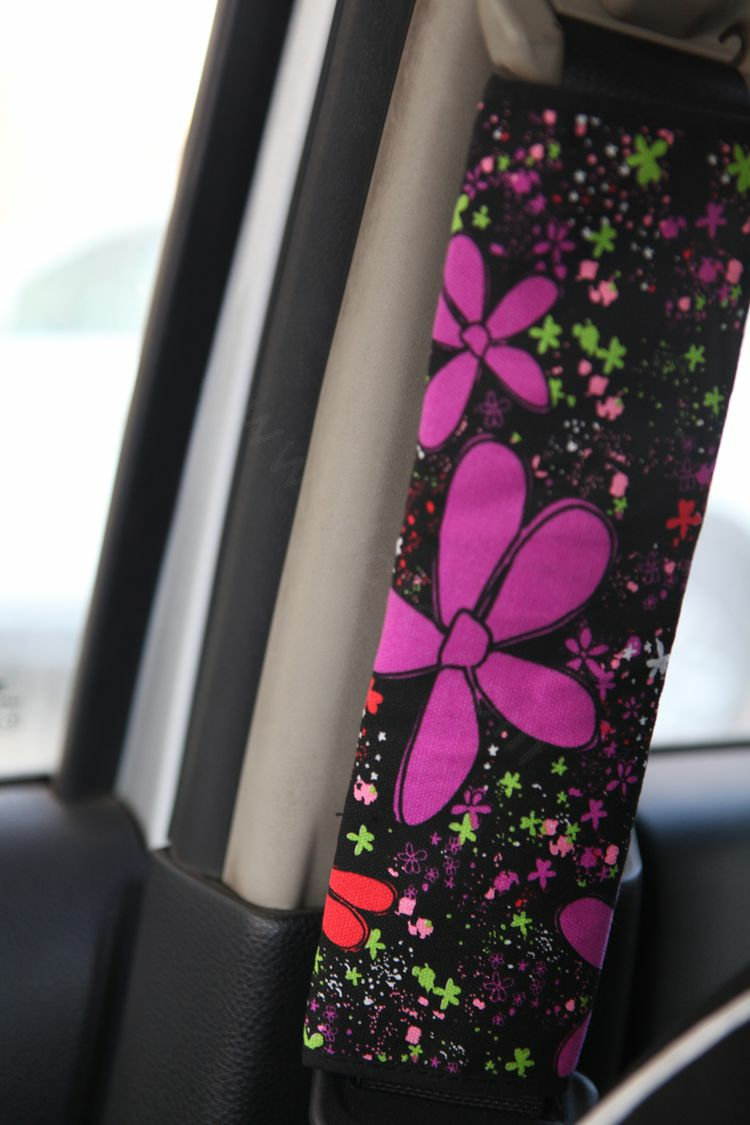 Personalised Canvas Cloth Cotton Floral Print Auto Seat Safety Belt Covers Car Decoration 2pcs - Rose