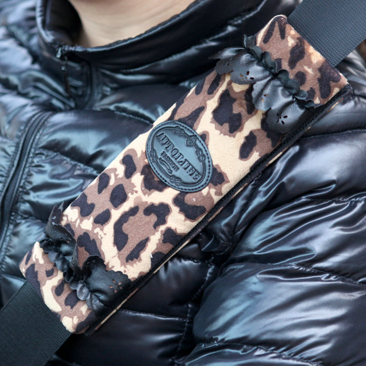 Personalised Lace Velvet Leopard Print Automotive Seat Safety Belt Covers Car Decoration 2pcs - Brown