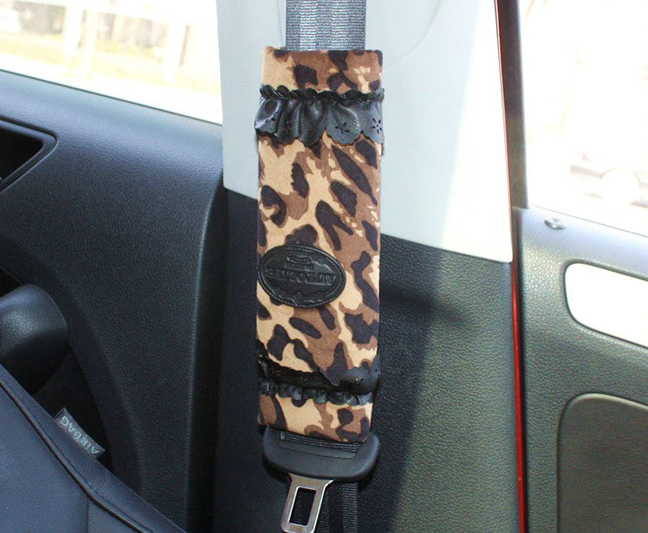 Personalised Lace Velvet Leopard Print Automotive Seat Safety Belt Covers Car Decoration 2pcs - Brown