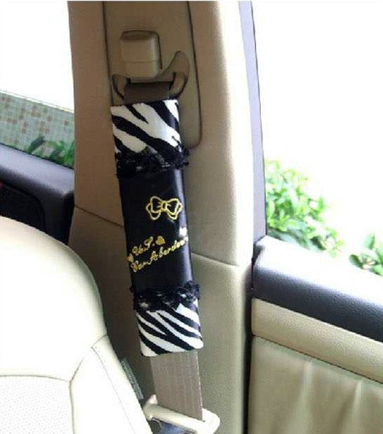 Pretty Bowknot Bud Silk Velvet Zebra Print Auto Seat Safety Belt Covers Car Decoration 2pcs - Black