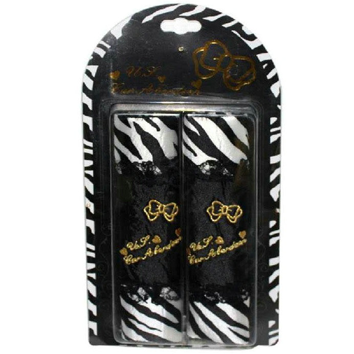 Pretty Bowknot Bud Silk Velvet Zebra Print Auto Seat Safety Belt Covers Car Decoration 2pcs - Black