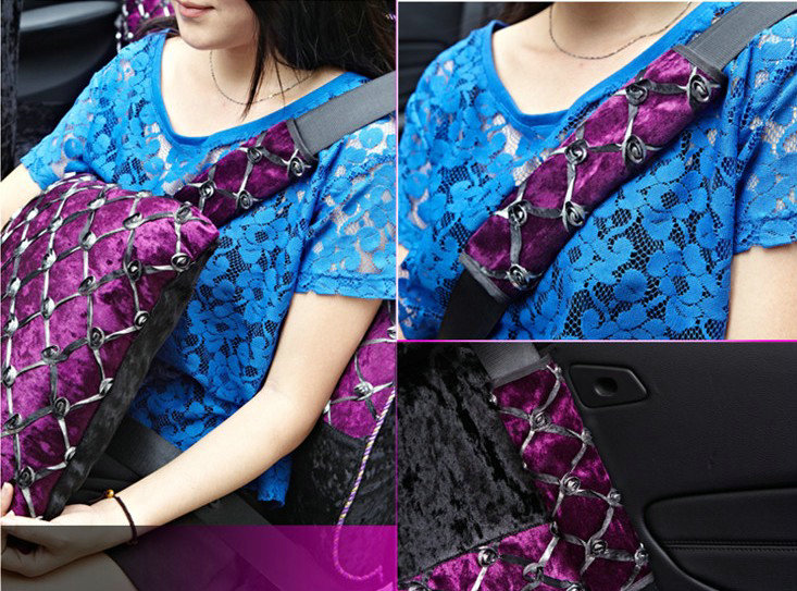 Pretty Flower Lace Synthetic Fiber Automotive Seat Safety Belt Covers Car Decoration 2pcs - Purple