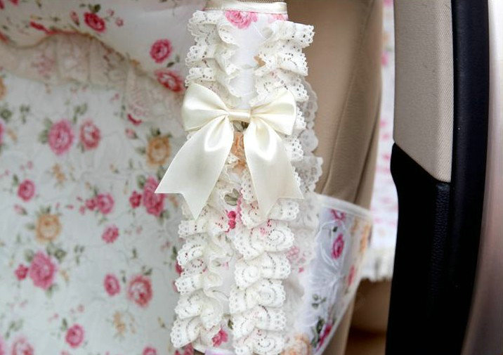 Princess Bud Silk Flower Print Synthetic Fiber Automotive Seat Safety Belt Covers Car Decoration 2pcs - Beige