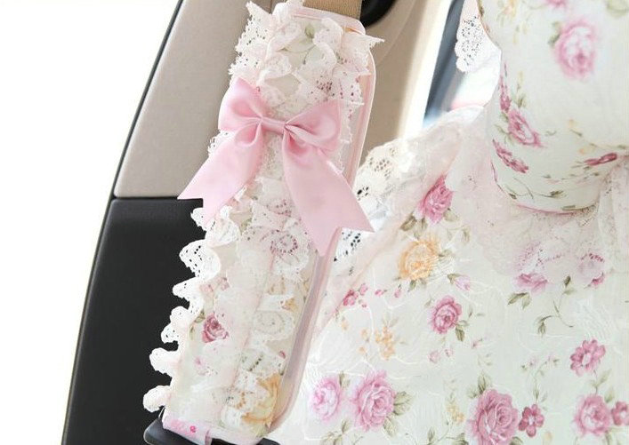 Princess Bud Silk Flower Print Synthetic Fiber Automotive Seat Safety Belt Covers Car Decoration 2pcs - Pink