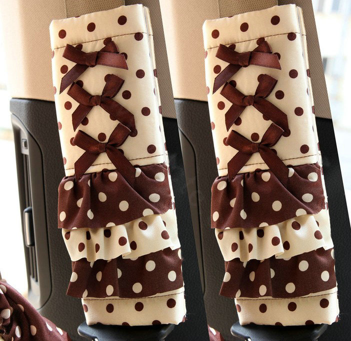 Princess Elegant Polka Dot Synthetic Fiber Automotive Seat Safety Belt Covers Car Decoration 2pcs - Brown