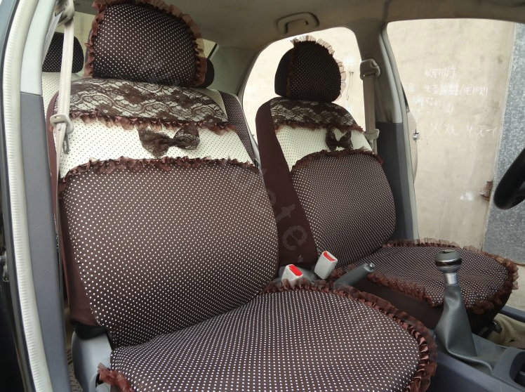Cheapest Bowknot Polka Dot Lace Bud Silk Universal Auto Car Seat Cover Cotton 10pcs Sets - Coffee