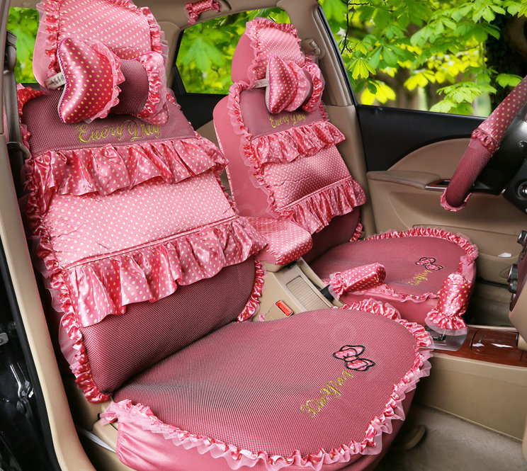 Fashion Bowknot Polka Dot Ice Silk Bud Silk Universal Auto Car Seat Cover Sandwich 26pcs Sets - Pink