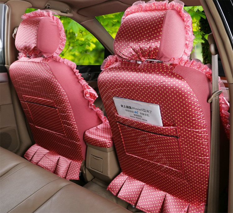Fashion Bowknot Polka Dot Ice Silk Bud Silk Universal Auto Car Seat Cover Sandwich 26pcs Sets - Pink