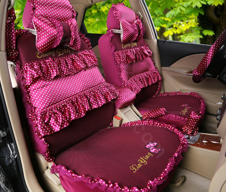 Luxury Bowknot Polka Dot Ice Silk Bud Silk Universal Auto Car Seat Cover Sandwich 26pcs Sets - Rose