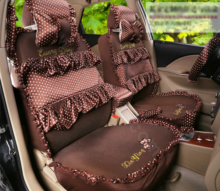 Pretty Bowknot Polka Dot Ice Silk Bud Silk Universal Auto Car Seat Cover Sandwich 26pcs Sets - Coffee