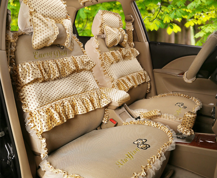 Princess Bowknot Polka Dot Ice Silk Bud Silk Universal Auto Car Seat Cover Sandwich 26pcs Sets - Beige