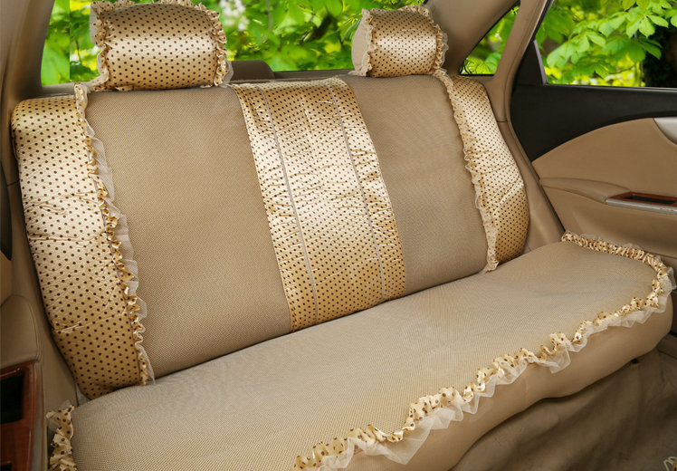 Princess Bowknot Polka Dot Ice Silk Bud Silk Universal Auto Car Seat Cover Sandwich 26pcs Sets - Beige