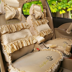 Princess Bowknot Polka Dot Ice Silk Bud Silk Universal Auto Car Seat Cover Sandwich 26pcs Sets - Beige