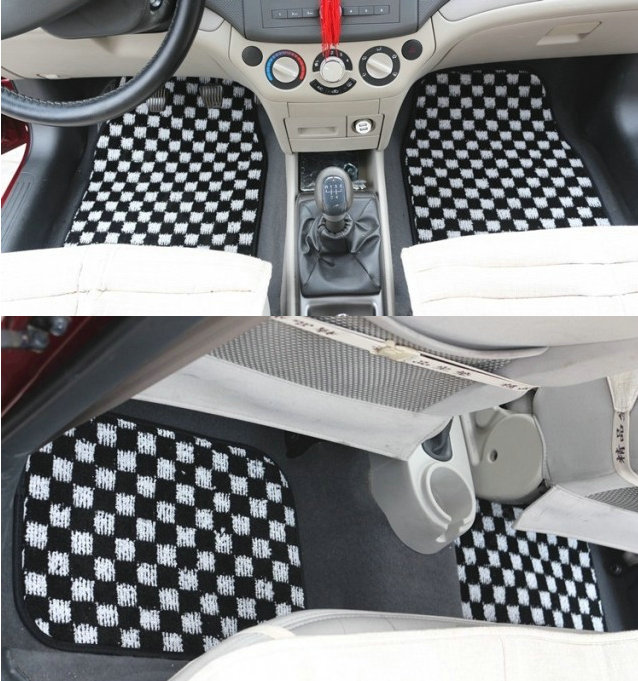 Fashion Grid Universal Automotive Carpet Car Floor Mats Suede 5pcs Sets - Black+White