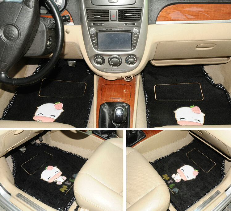 Sale Cute Heated Lace Universal Carpet Decorative Car Floor Mats Plush 5pcs Sets For Girls - Black