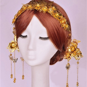 Elegant Bride Classic Costume Tassel Gold Phoenix Coronet Hair Comb Cheongsam Wedding Bridal Hair Accessories