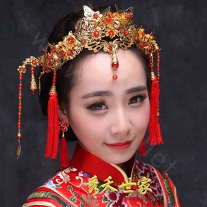 Luxury Bride Chinese style Gold Tassel Phoenix Coronet Wedding jewelry Bridal Cheongsam Hair Accessories