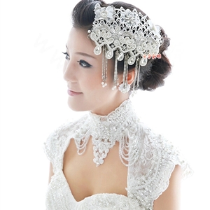 Luxury Pearl Crystal Lace Flower Tassel Hairwear Wedding Bride Headband Bridal Hair Accessories