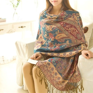 Classic Autumn and Winter Cape Tassels Flower Print Shawl National Style Warm Long Scarf - Blue