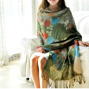 Hot sell Autumn and Winter Cape Tassels Flower Print Shawl National Style Warm Long Scarf - Green