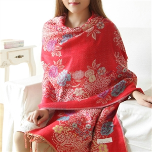 Hot sell Autumn and Winter Cape Tassels Flower Print Shawl National Style Warm Long Scarf - Red