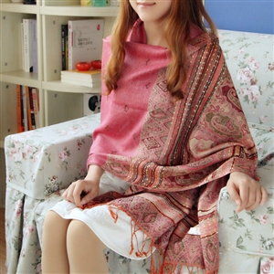 New Extra large Jacquard Tassels Cape Floral Print Stripes Shawl National Style Warm Long Scarf - Pink
