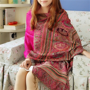 New Extra large Jacquard Tassels Cape Floral Print Stripes Shawl National Style Warm Long Scarf - Rose