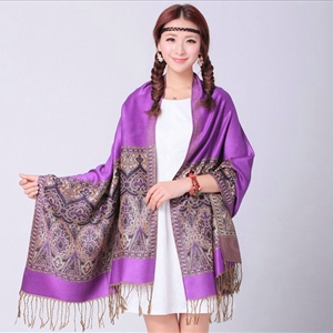 Pretty Extra large Jacquard Tassels Cape Floral Print Shawl National Style Warm Long Scarf - Purple