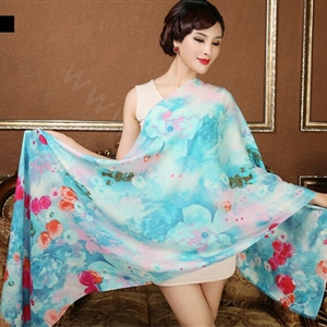 Classic Beautiful Flower Printing Wool Scarf Shawls Women Long Warm Pashmina Cape - Blue
