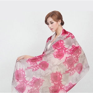 Classic Rose Flower Printing Wool Shawls Scarf Women Long Warm Pashmina Cape - Pink
