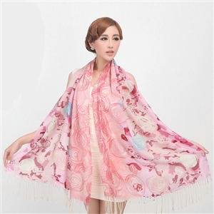 Classic Round Flower Printing Wool Shawls Scarf Women Long Warm Pashmina Cape - Pink