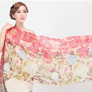 Classic Round Flower Printing Wool Shawls Scarf Women Long Warm Pashmina Cape - Red