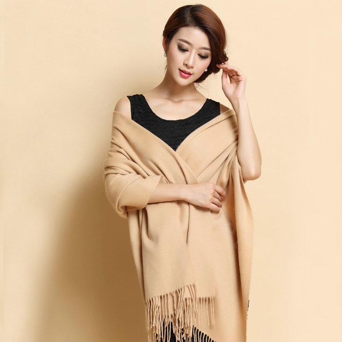 Classic Solid Color Long Wool Shawls Berber Fleece Scarf Women Winter Thicken Tassels Cape - Camel