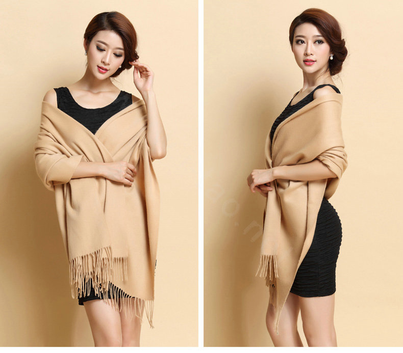 Classic Solid Color Long Wool Shawls Berber Fleece Scarf Women Winter Thicken Tassels Cape - Camel