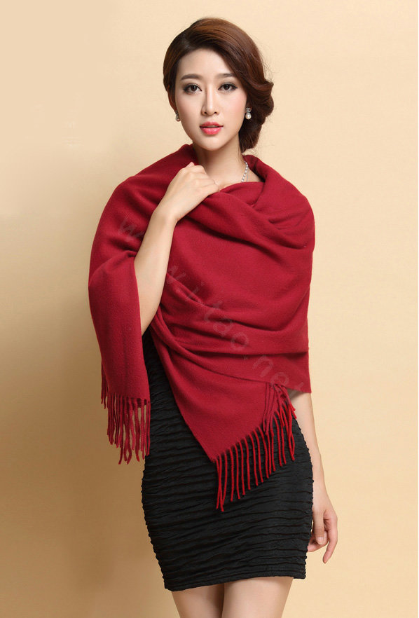 Classic Solid Color Long Wool Shawls Berber Fleece Scarf Women Winter Thicken Tassels Cape - Dark Red